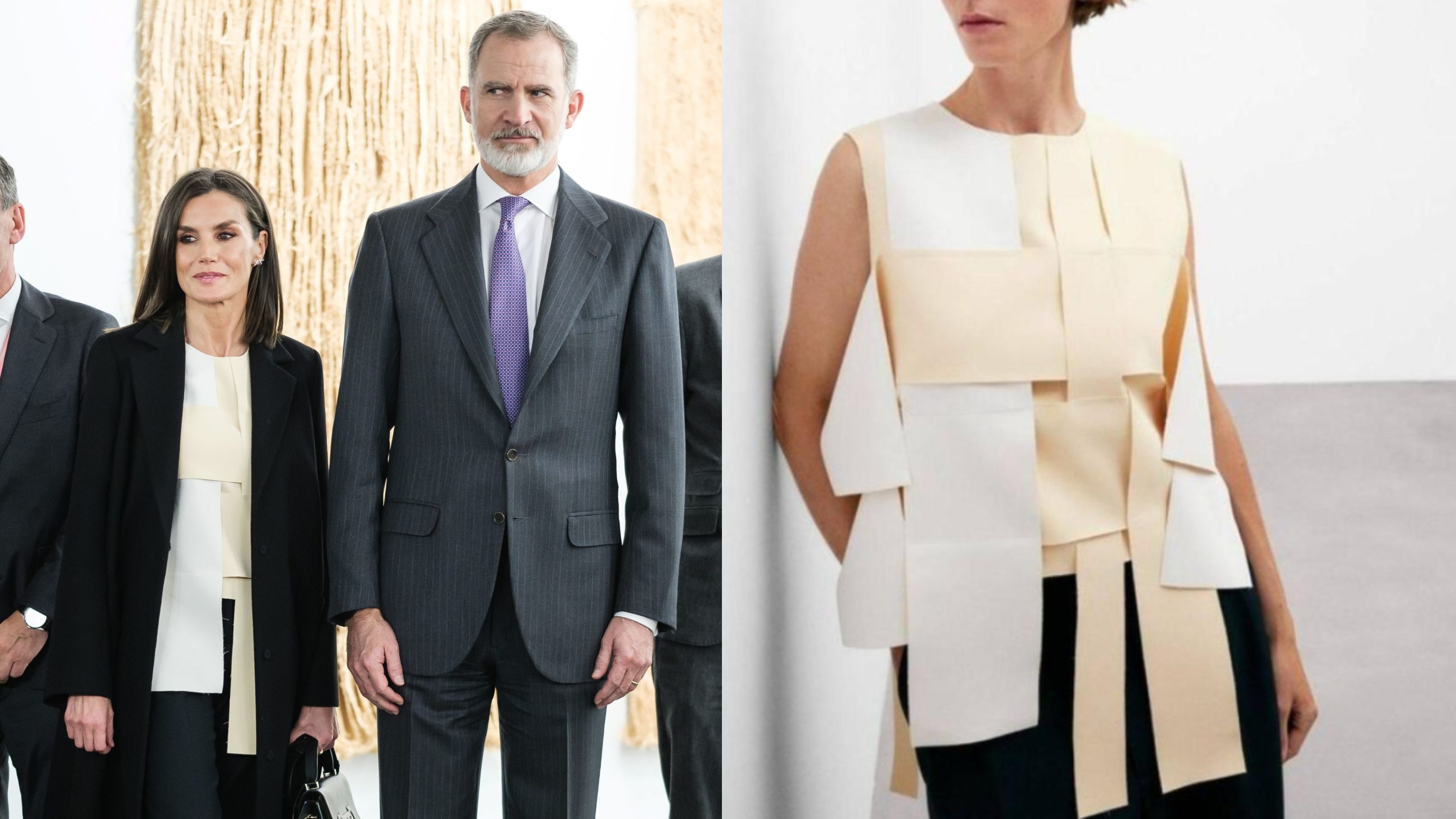 La reina Letizia con top de Adolfo Domínguez, en un montaje fotográfico