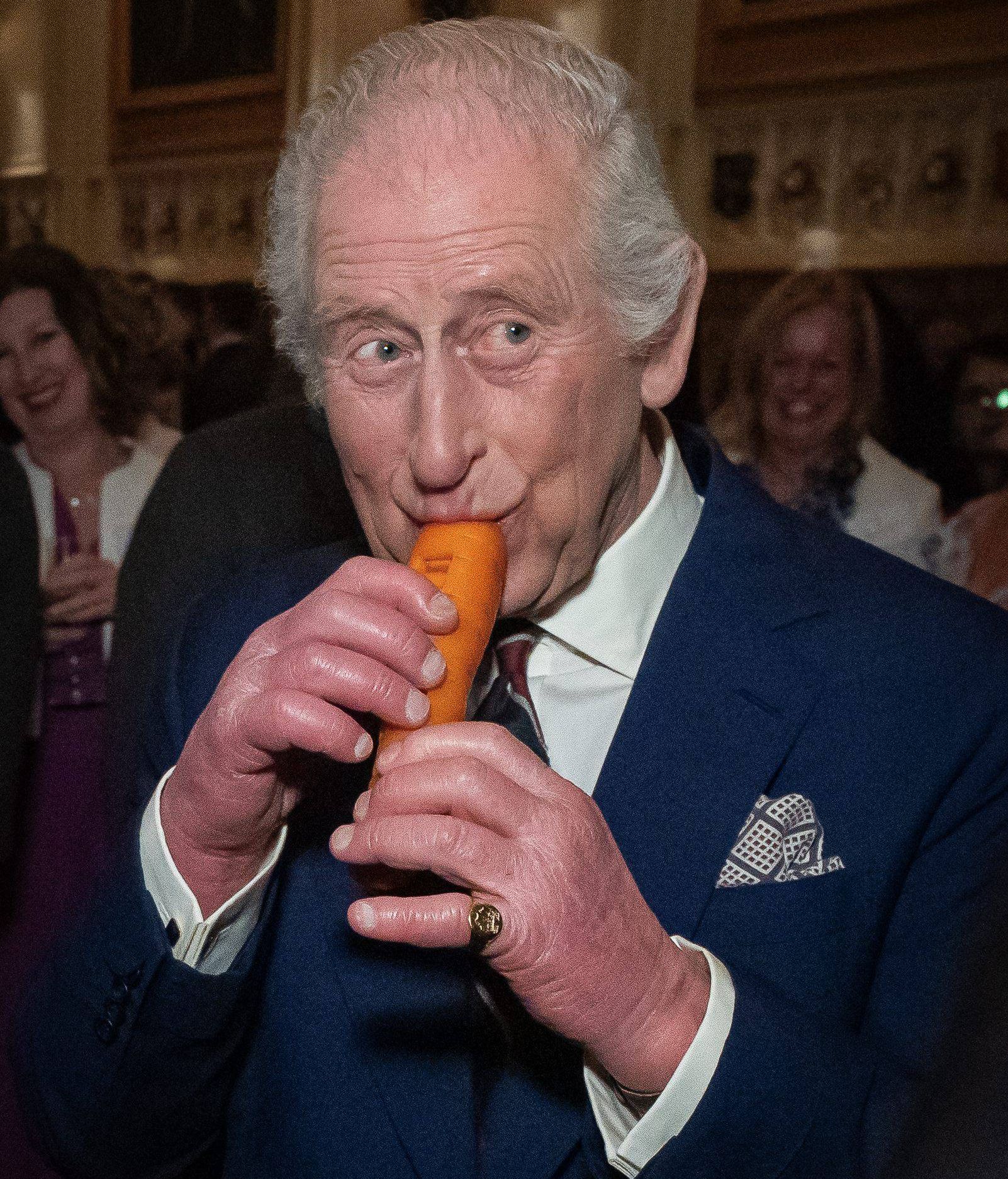 El rey Carlos III tocando la flauta-zanahoria.