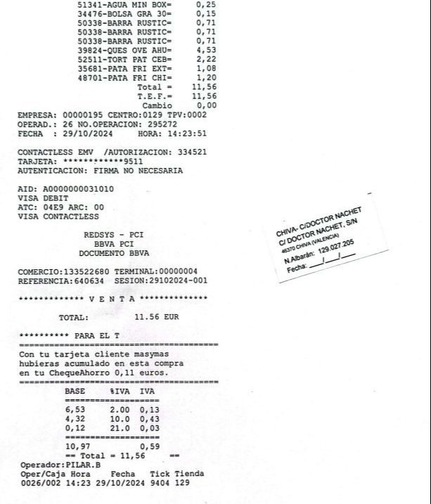 Ticket de compra de los bomberos desplazados al barranco del Poyo el 29 de octubre, día de la dana.