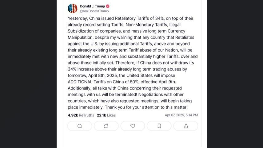 El mensaje íntegro de Donald Trump en el que amenaza a China con un arancel adicional del 50%