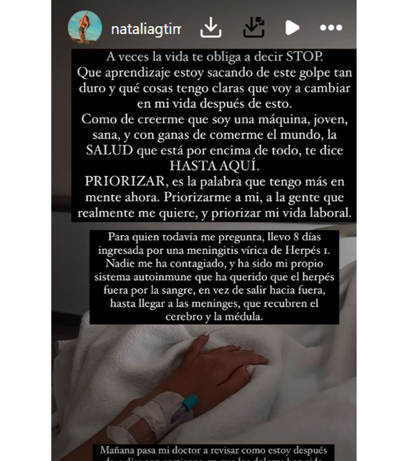 El mensaje que Natalia, novia de Sergio Carvajal, ha compartido desde el hospital