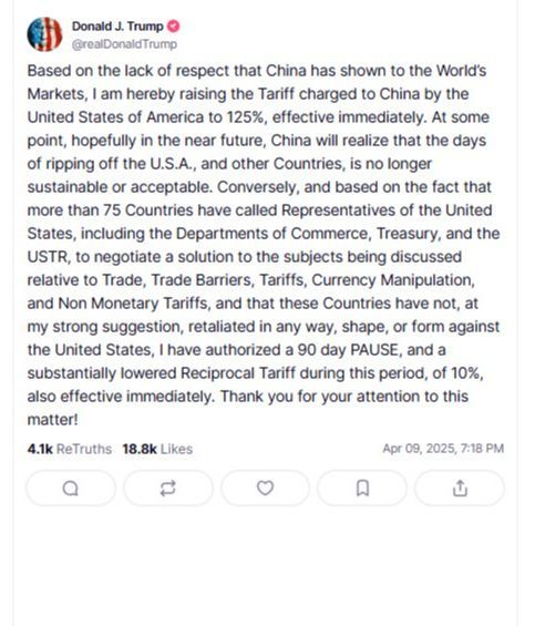 El presidente de EEUU eleva los aranceles a China al 125% "con efecto inmediato"