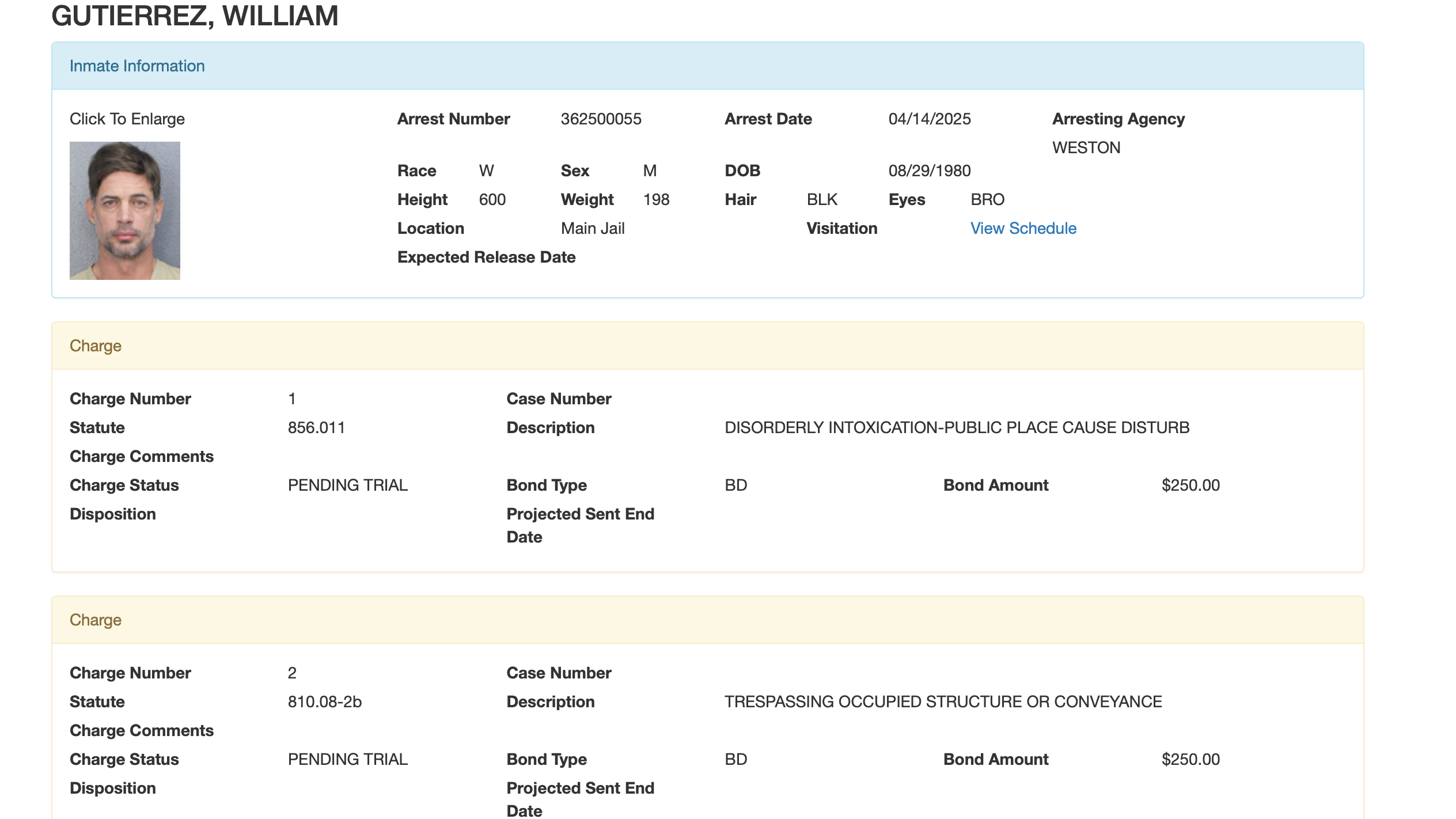 Ficha policial de William Levy