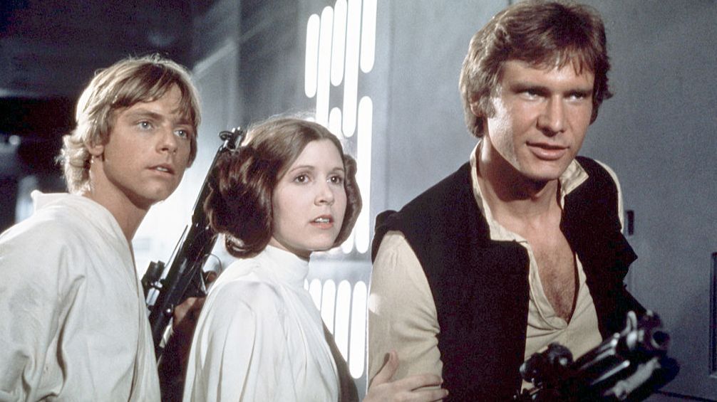Mark Hamill, Carrie Fisher y Harrison Ford, en una secuencia de Star Wars