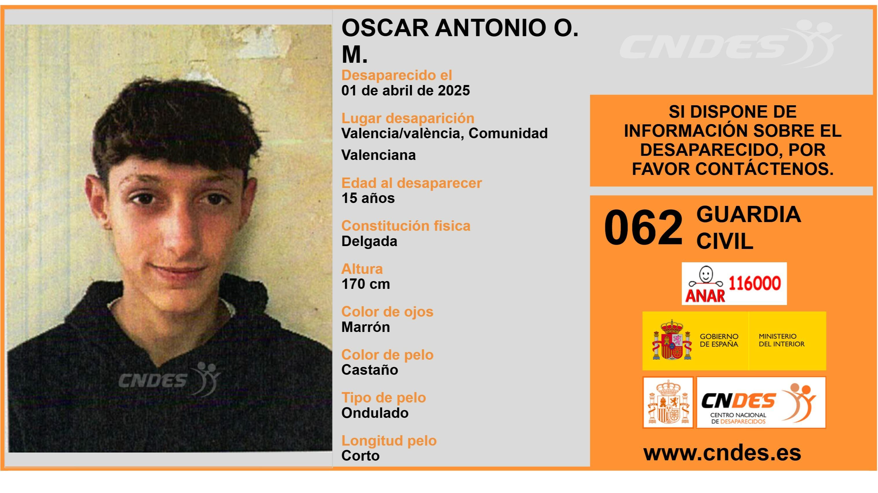 Buscan a un menor de 15 años desaparecido desde el 1 de abril en Valencia
