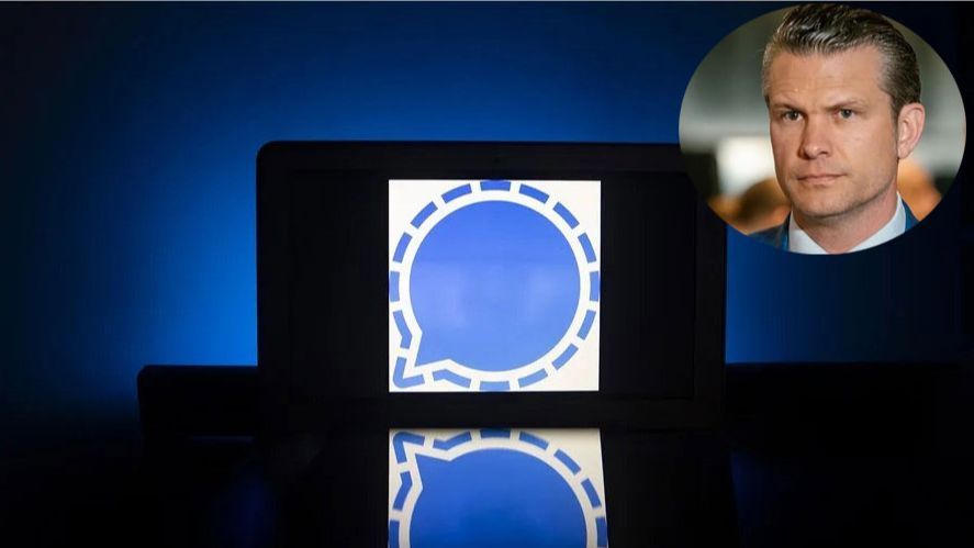 El secretario de Defensa de Estados Unidos, Pete Hegseth. (montaje imagen con logo del chat Signal)