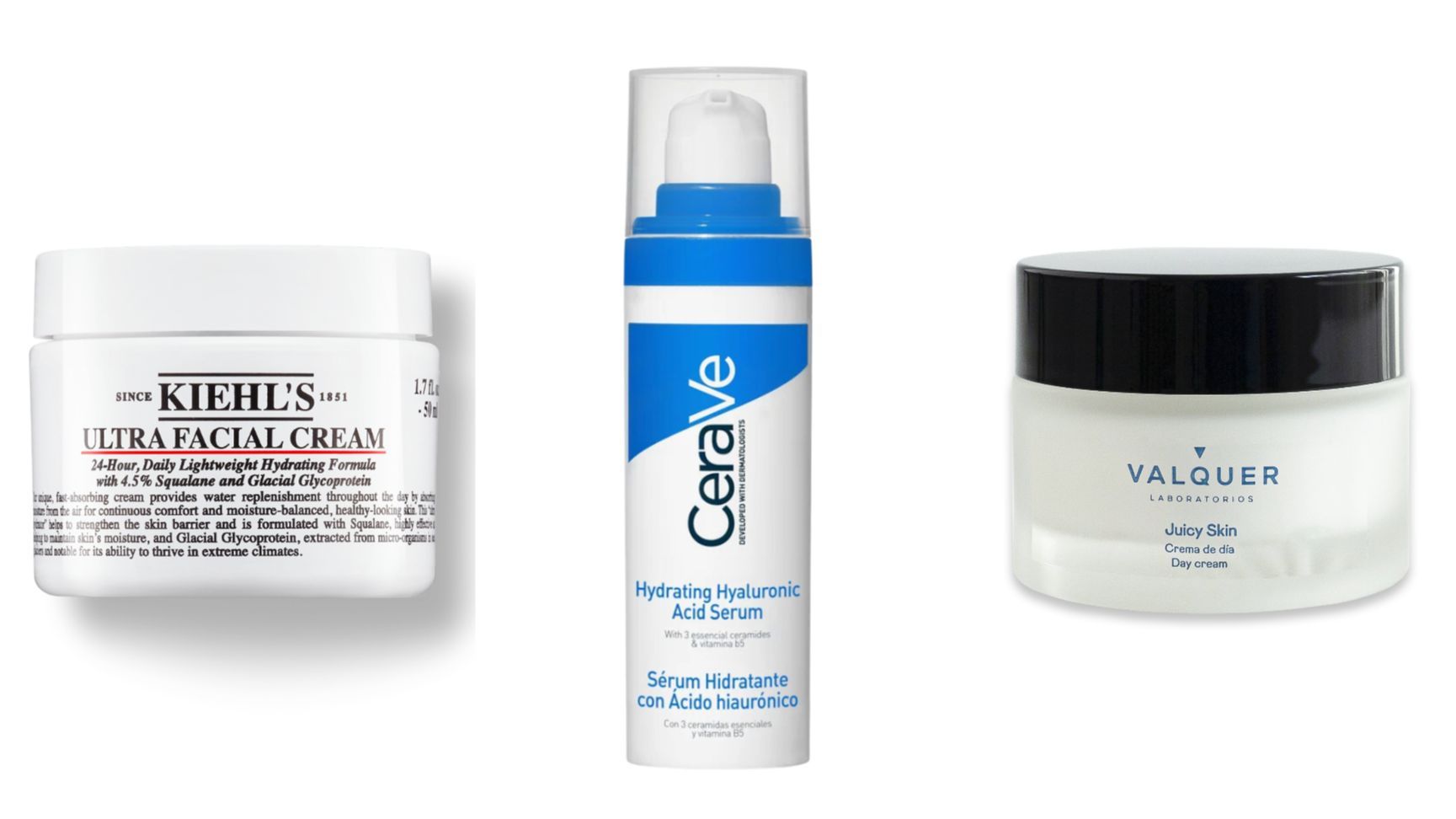Cosméticos para piel deshidratada: Ultra Facial Cream de Kiehl’s, Sérum Hidratante con Ácido Hialurónico de CeraVe y Ultra Facial Cream de Kiehl’s