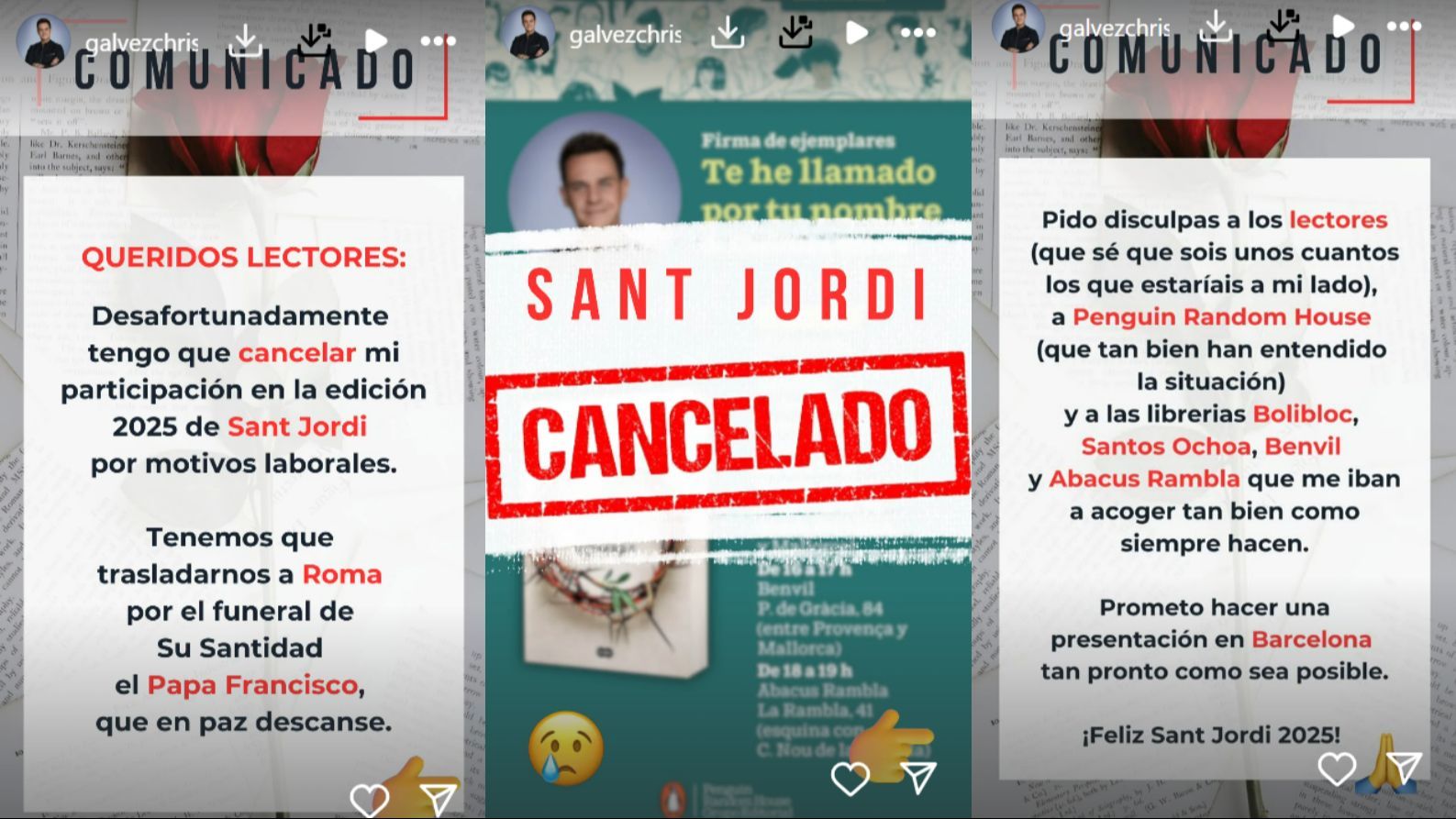 El comunicado de Christian Gálvez tras no poder asistir a Sant Jordi