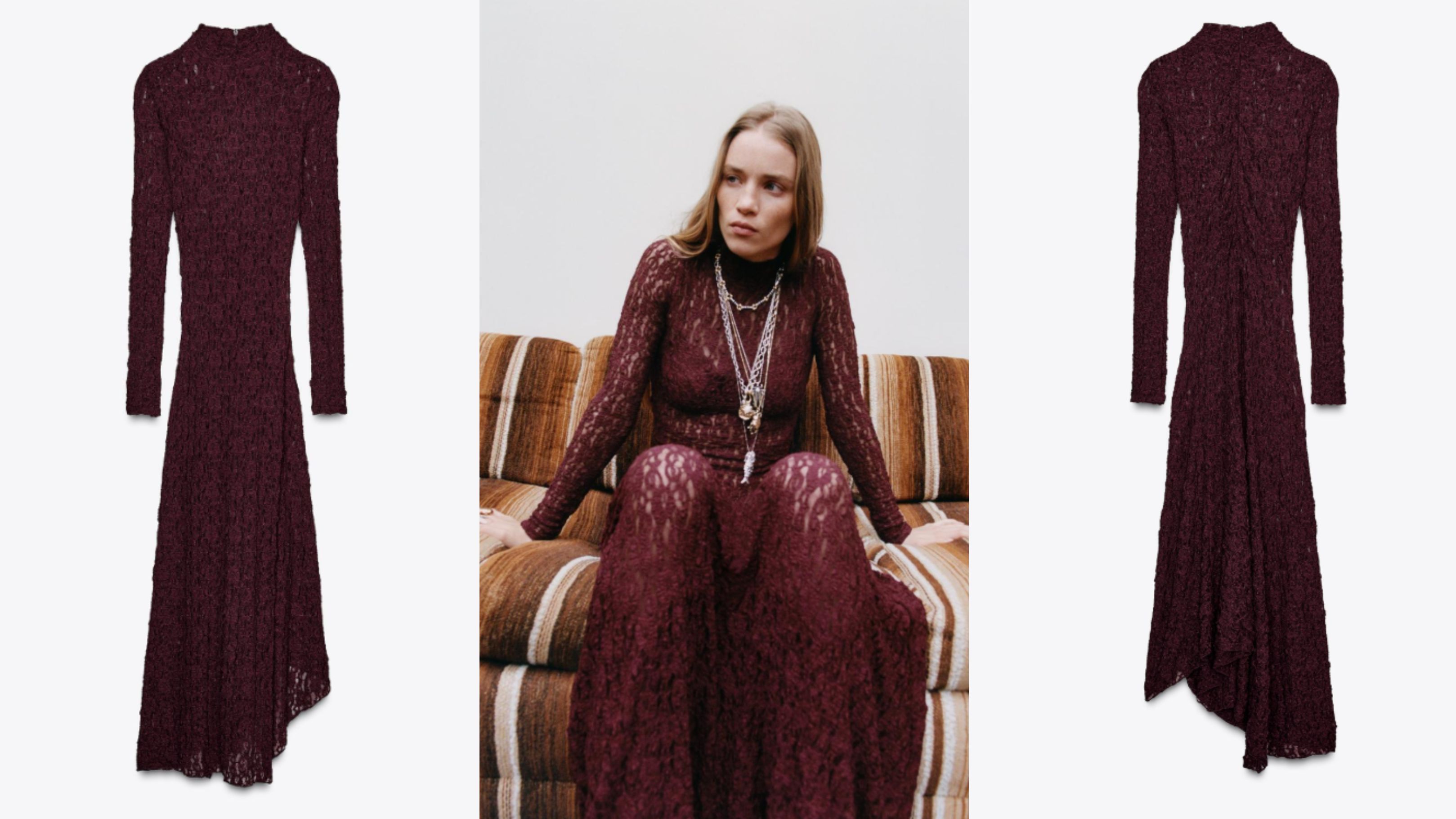 Vestido de encaje burdeos de Zara, en un montaje fotográfico
