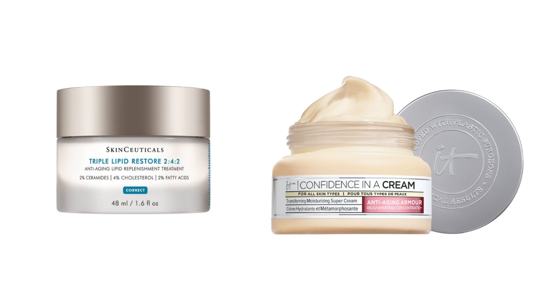 Triple Lipid Restore 2:4:2 de SkinCeuticals y Confidence in a Cream de It Cosmetics