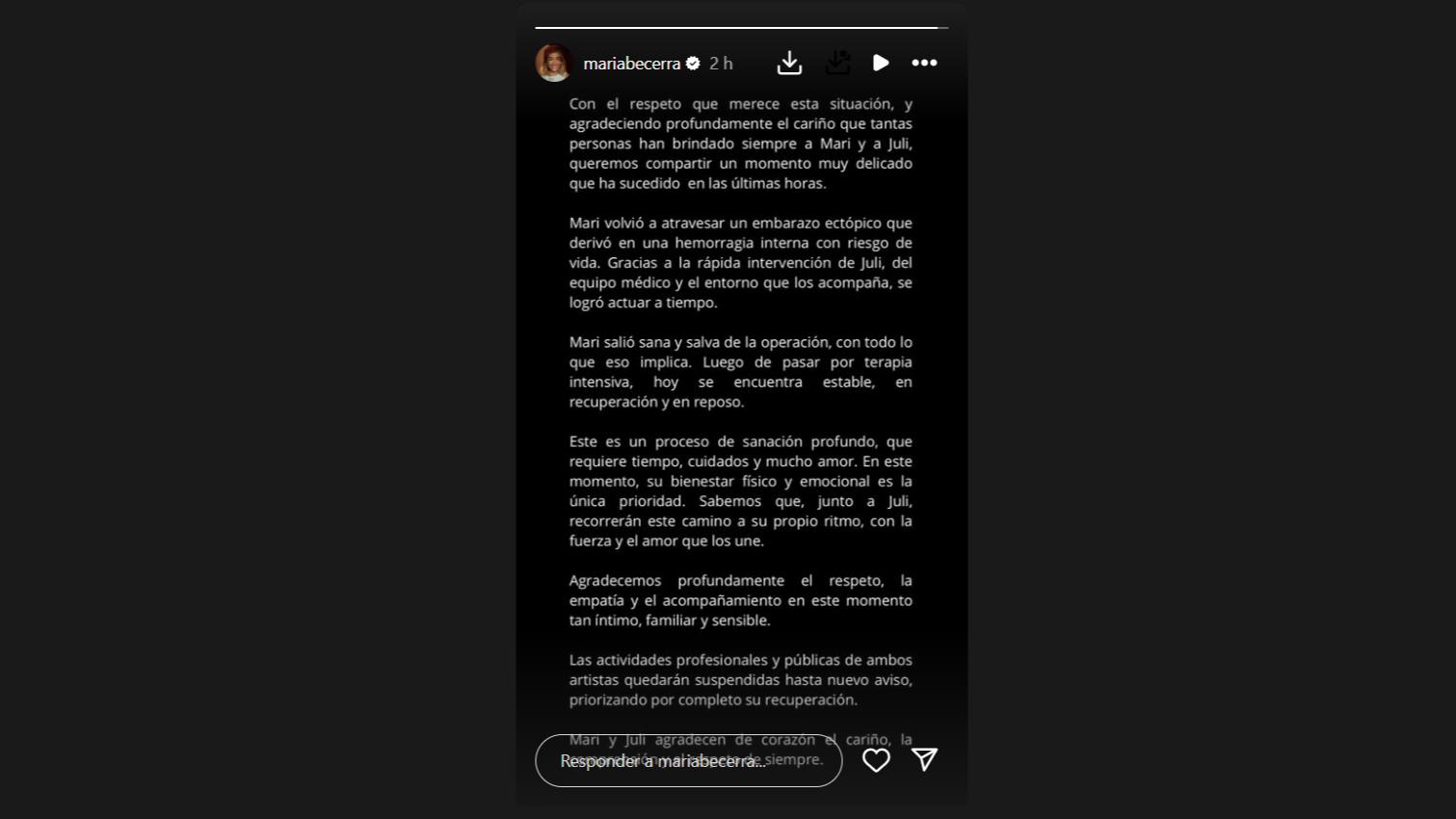 El comunicado de María Becerra en Instagram