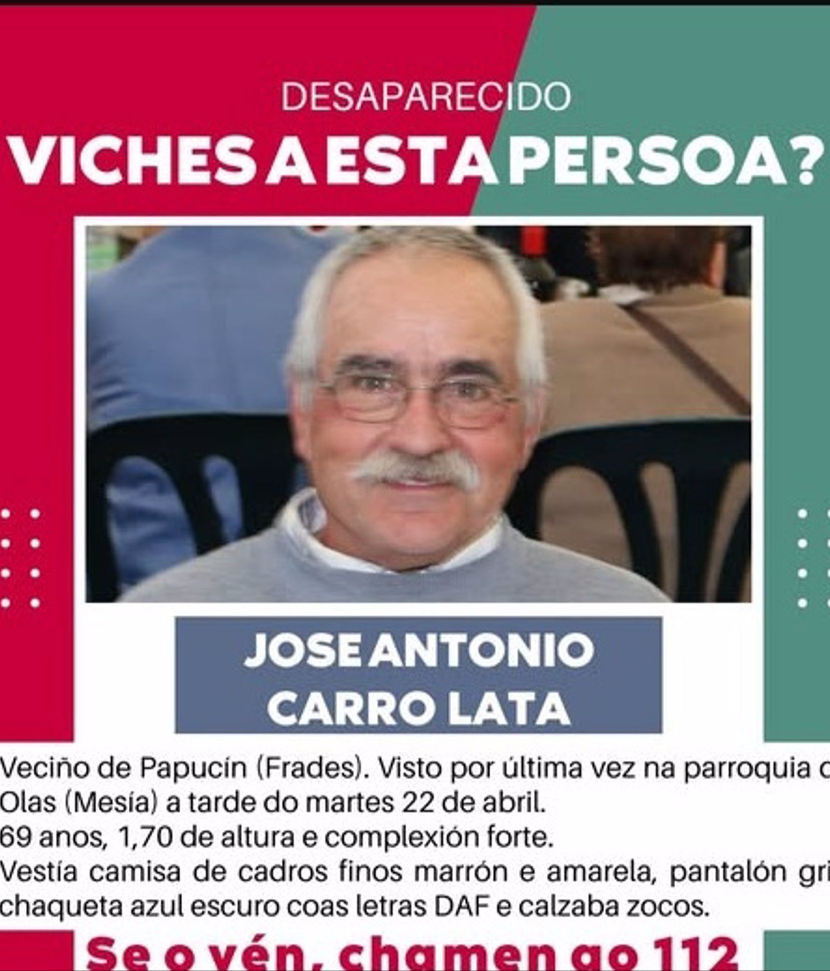 Cartel con la imagen del desaparecido difundido por el Concello de Frades