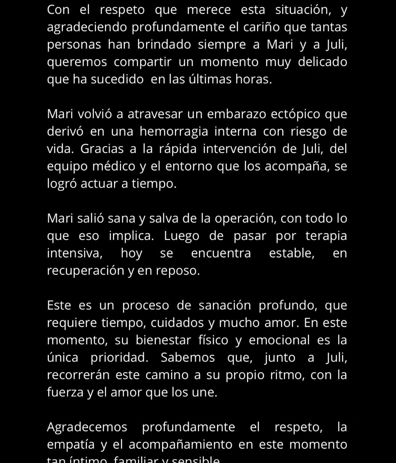 El comunicado sobre el estado de salud de María Becerra