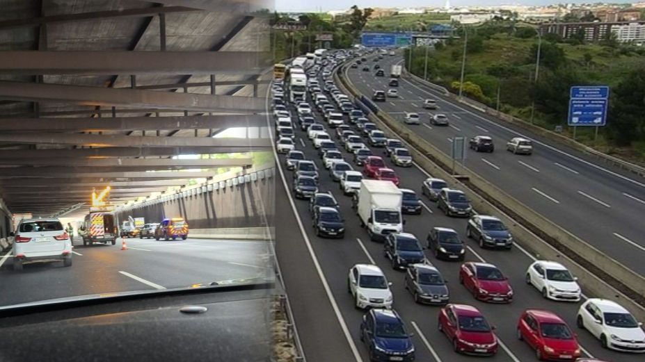 Gran atasco en la M-40 de Madrid por la caída de unas planchas: hay tres carriles cortados en la zona de los túneles del Pardo