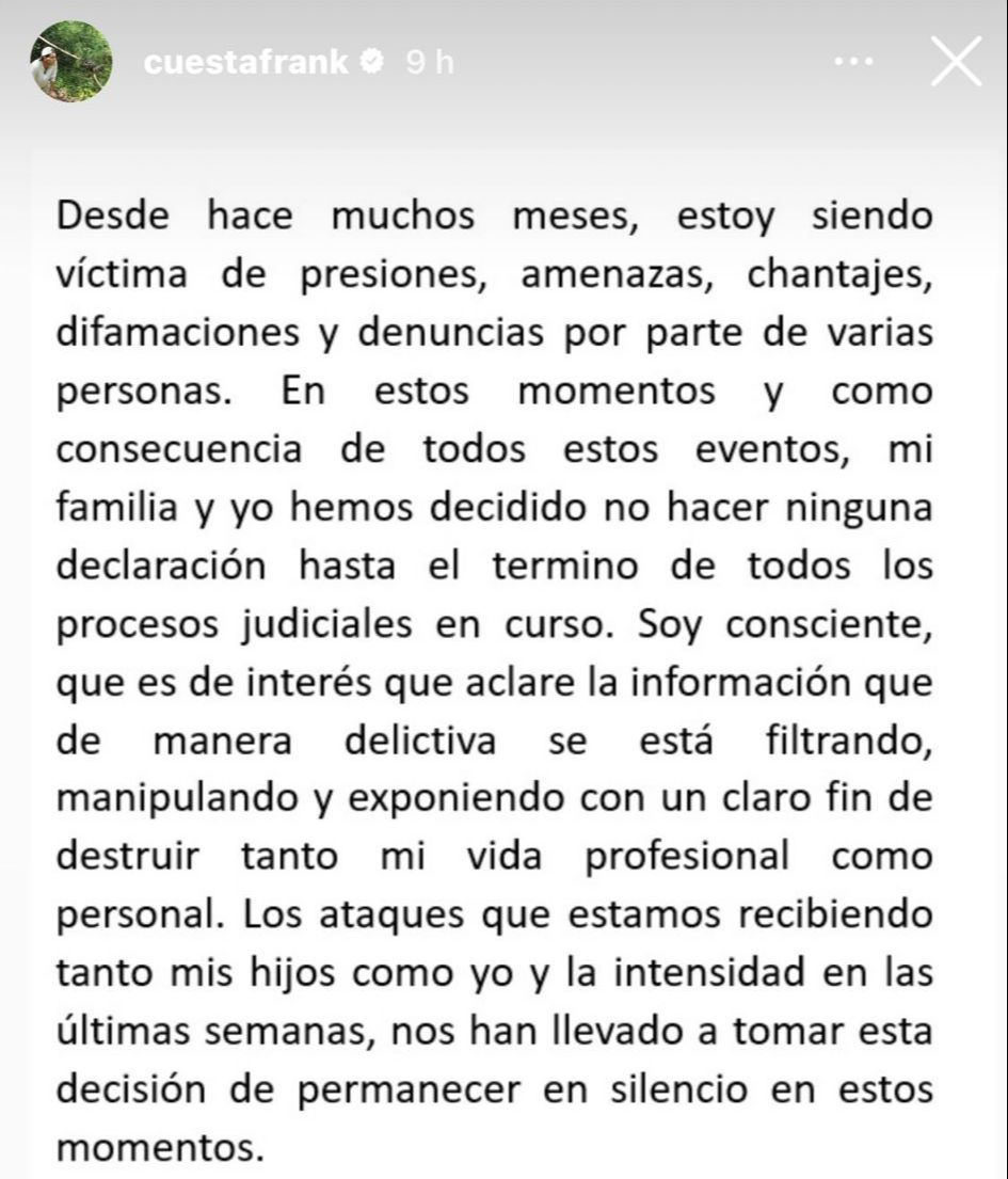 El comunicado de Frank Cuesta.