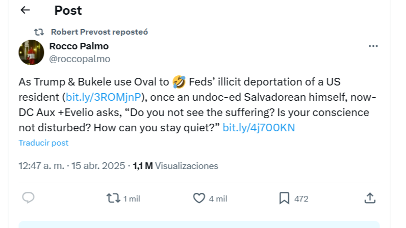La publicación que compartió Robert Prevost