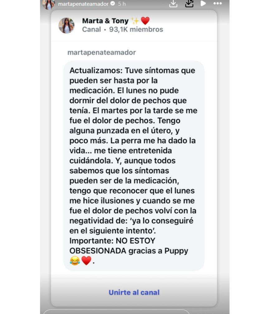 Marta Peñate actualiza su estado de salud tras la transferencia embrionaria: sus primeros síntomas