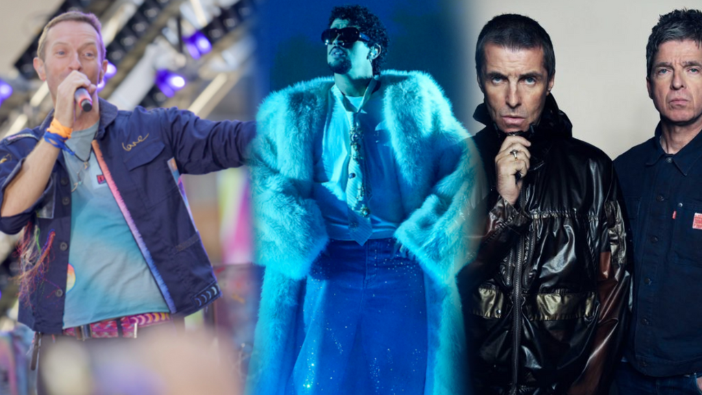 Chris Martin de Coldplay, Bad Bunny y Liam y Noel Gallagher (Fotomontaje)