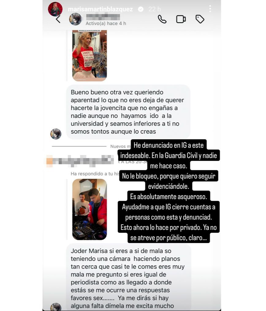 Marisa Martín-Blazquez ha mostrado los mensajes y la identidad del usuario que la está acosando por las redes