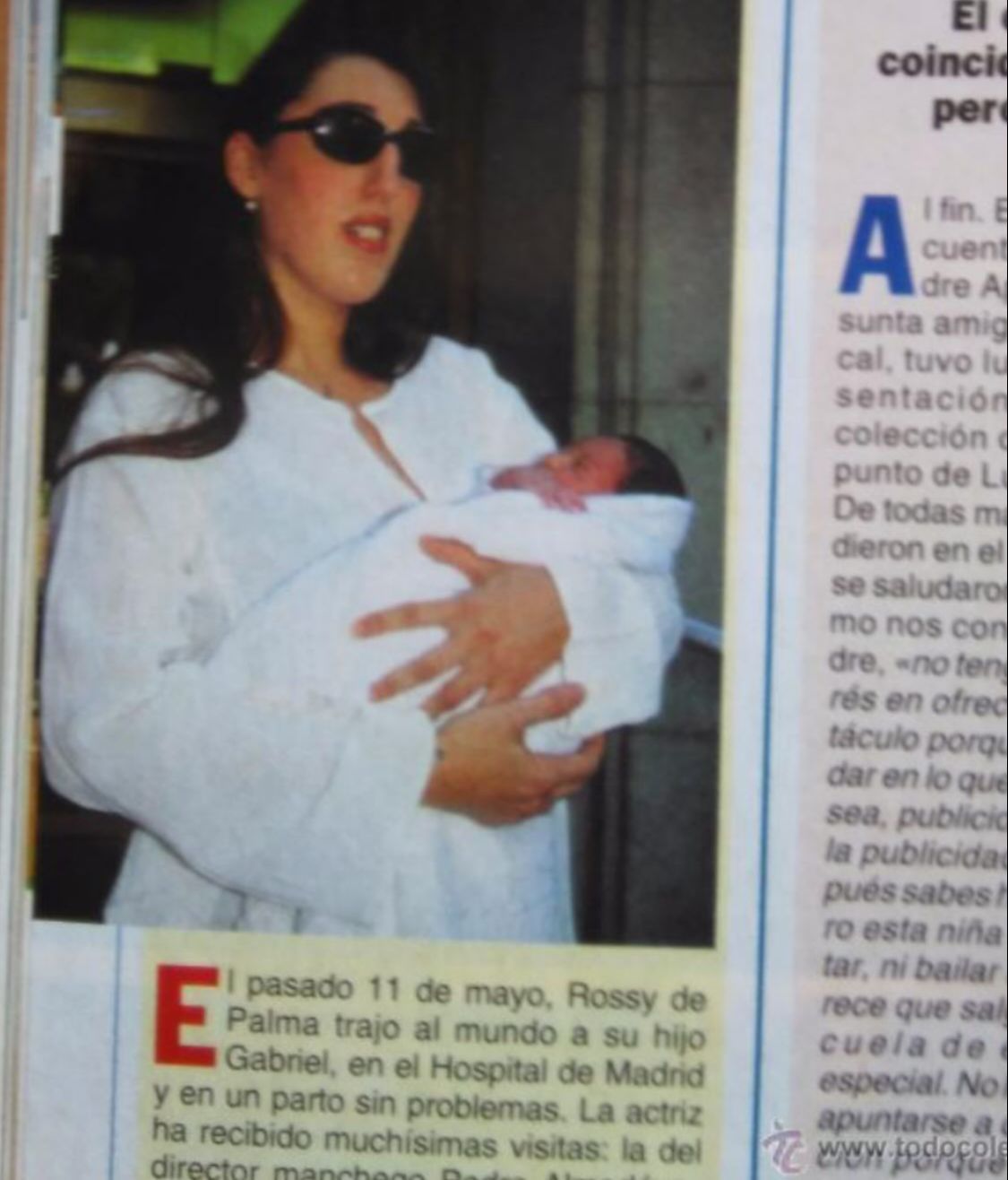Recorte de revista que anuncia el nacimiento de Gabriel, el primer hijo de Rossy de Palma