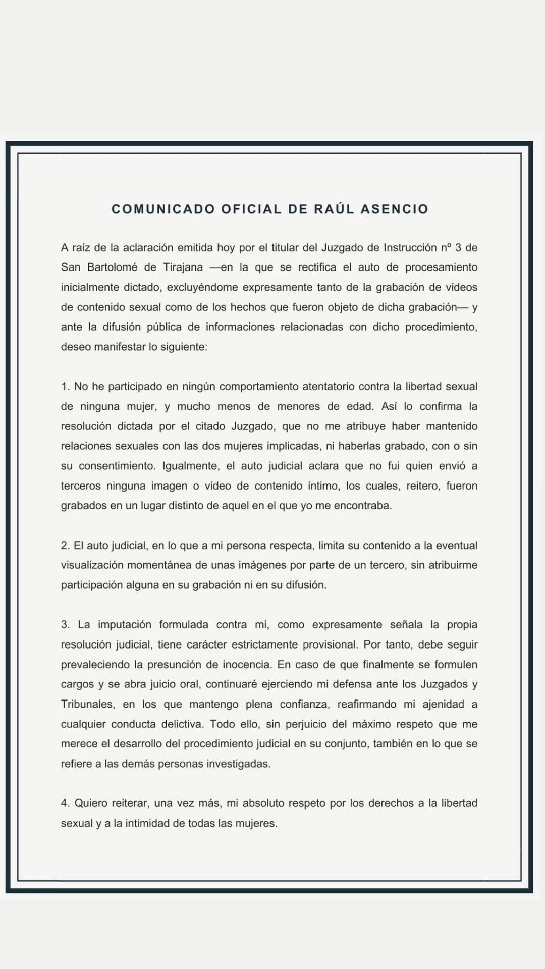 El comunicado difundido por Raúl Asencio en redes sociales