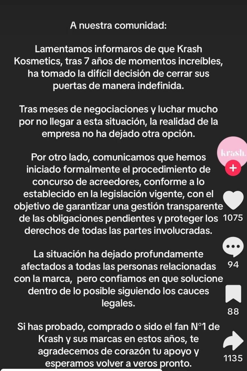 Comunicado de Krash Kosmetics