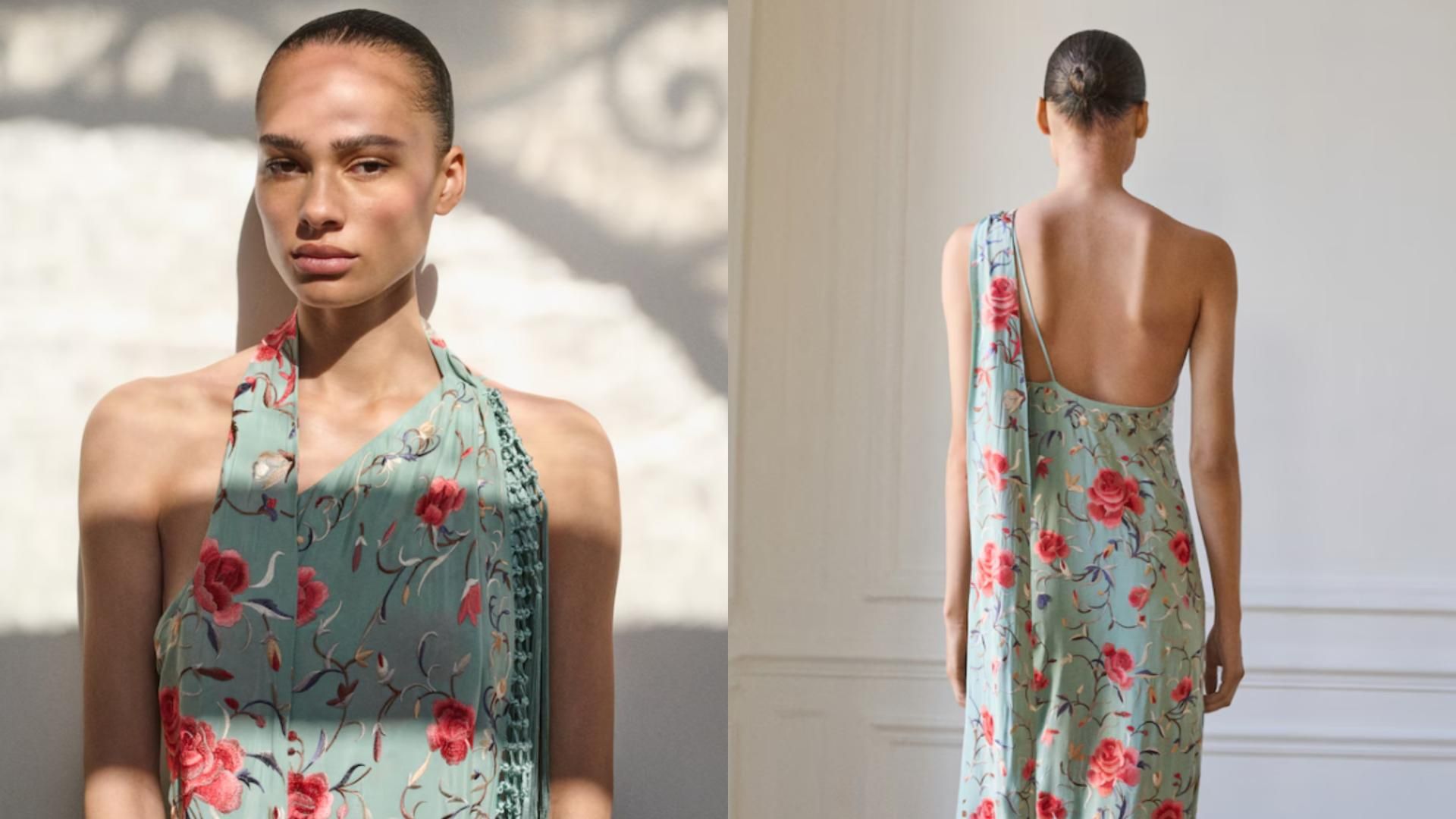 Detalles del vestido mantón de Mango, en un montaje de fotos