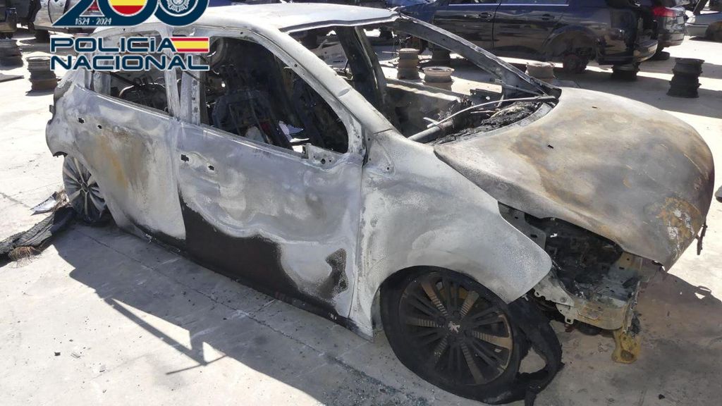 Uno de los coches calcinados en el incendio