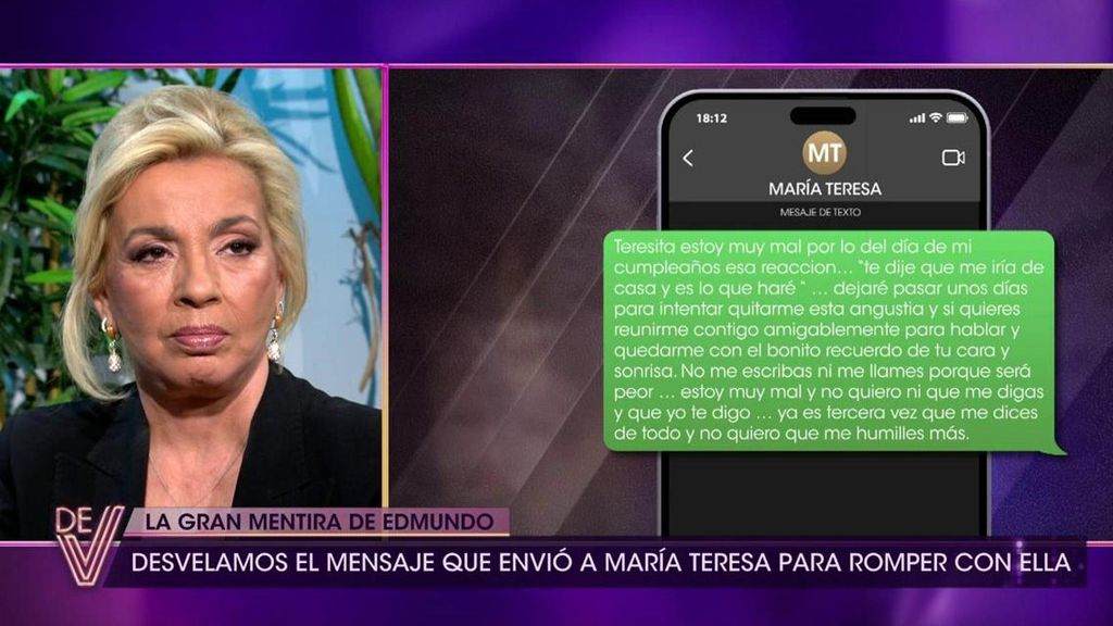 El contenido del mensaje que Edmundo Arrocet envió a María Teresa Campos para romper con ella ¡De viernes! Top Vídeos 405
