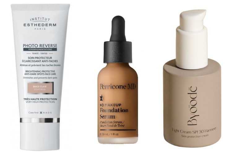 Esthederm Photo Reverse, a la venta en Skin Pharmacy; Foundation Serum de Perricone MD, y Light Cream SPF30 Harmony, de Byoode