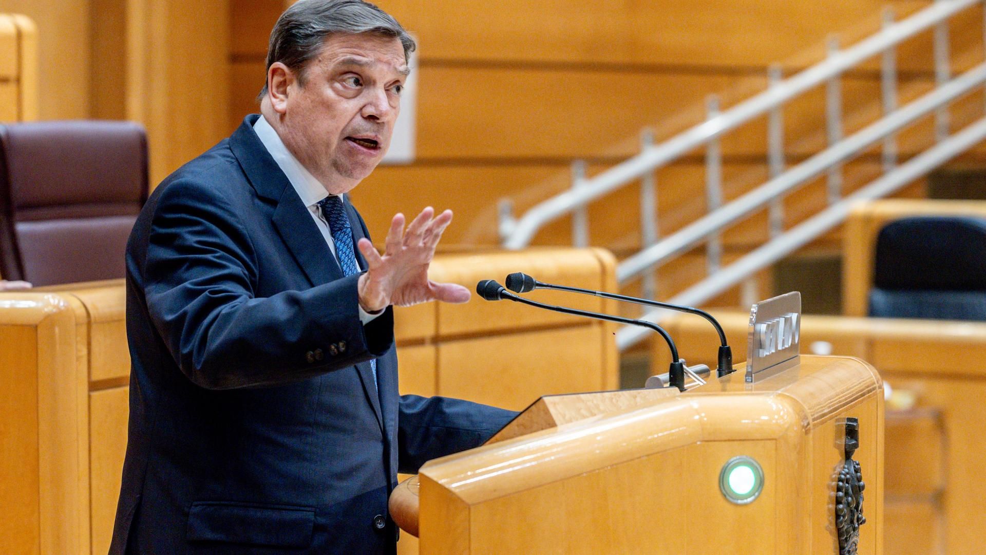 El ministro de Agricultura, Pesca y Alimentación, Luis Planas, interviene durante una sesión de control al Gobierno en el Senado, a 6 de mayo de 2025, en Madrid (España).