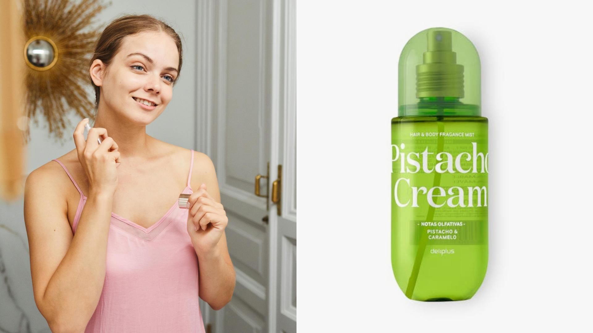 Chica perfumándose y bruma de Mercadona, en un montaje de fotos