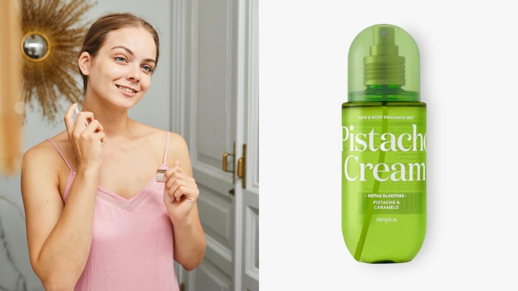 Chica perfumándose y bruma de Mercadona, en un montaje de fotos