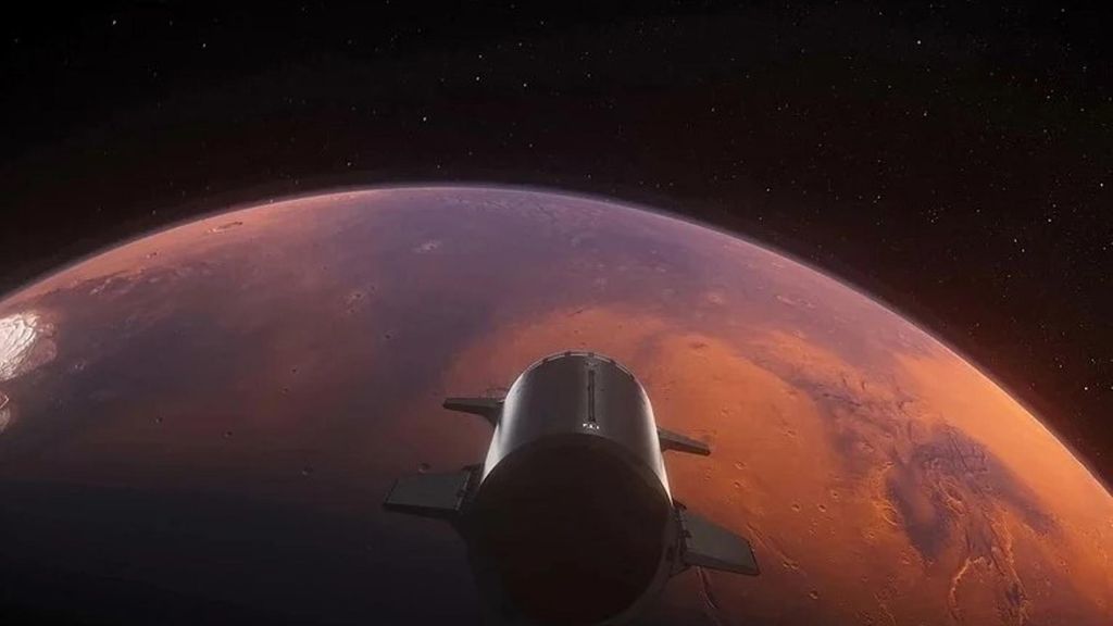 Representación artística de la nave espacial Starship aproximándose a Marte.