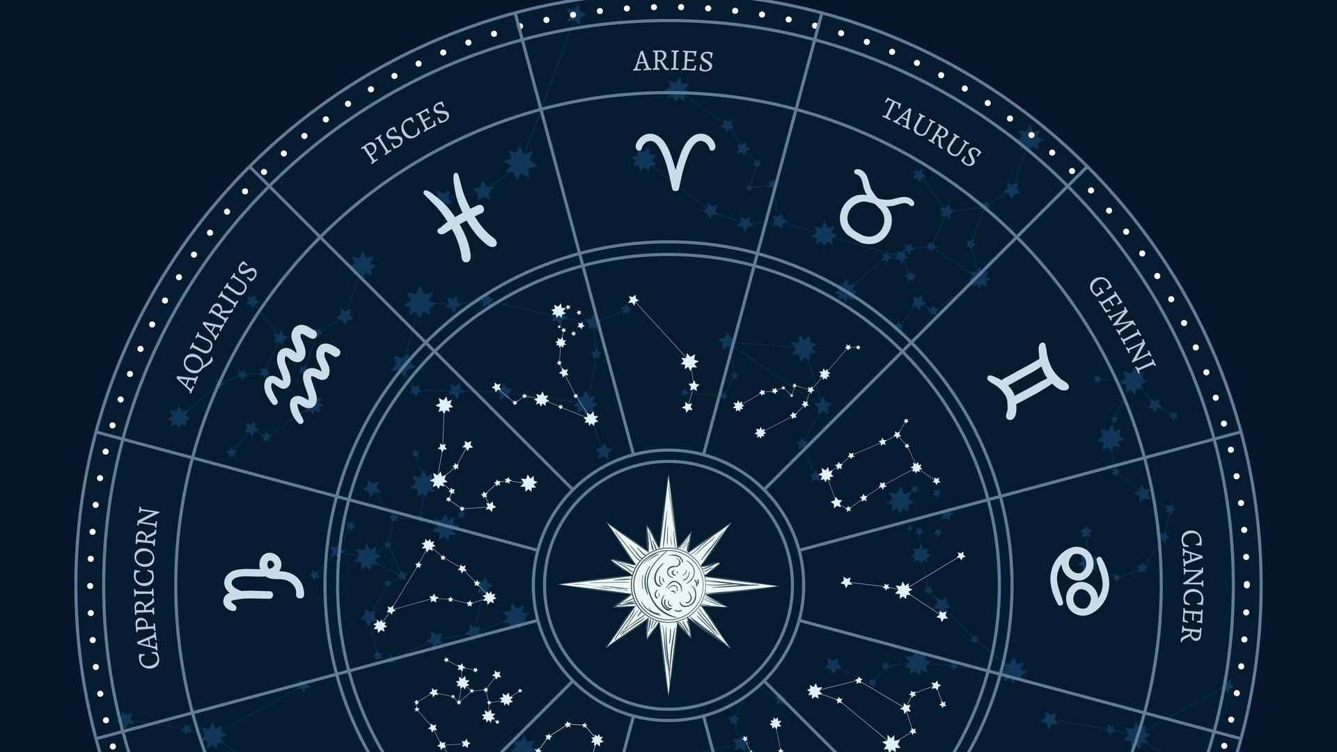 Astrology zodiac signs circle. Horoscope wheel with zodiac symbols, round astrological calendar vector illustration Astrology zodiac signs circle. Horoscope wheel with zodiac symbols, round astrological calendar vector illustration