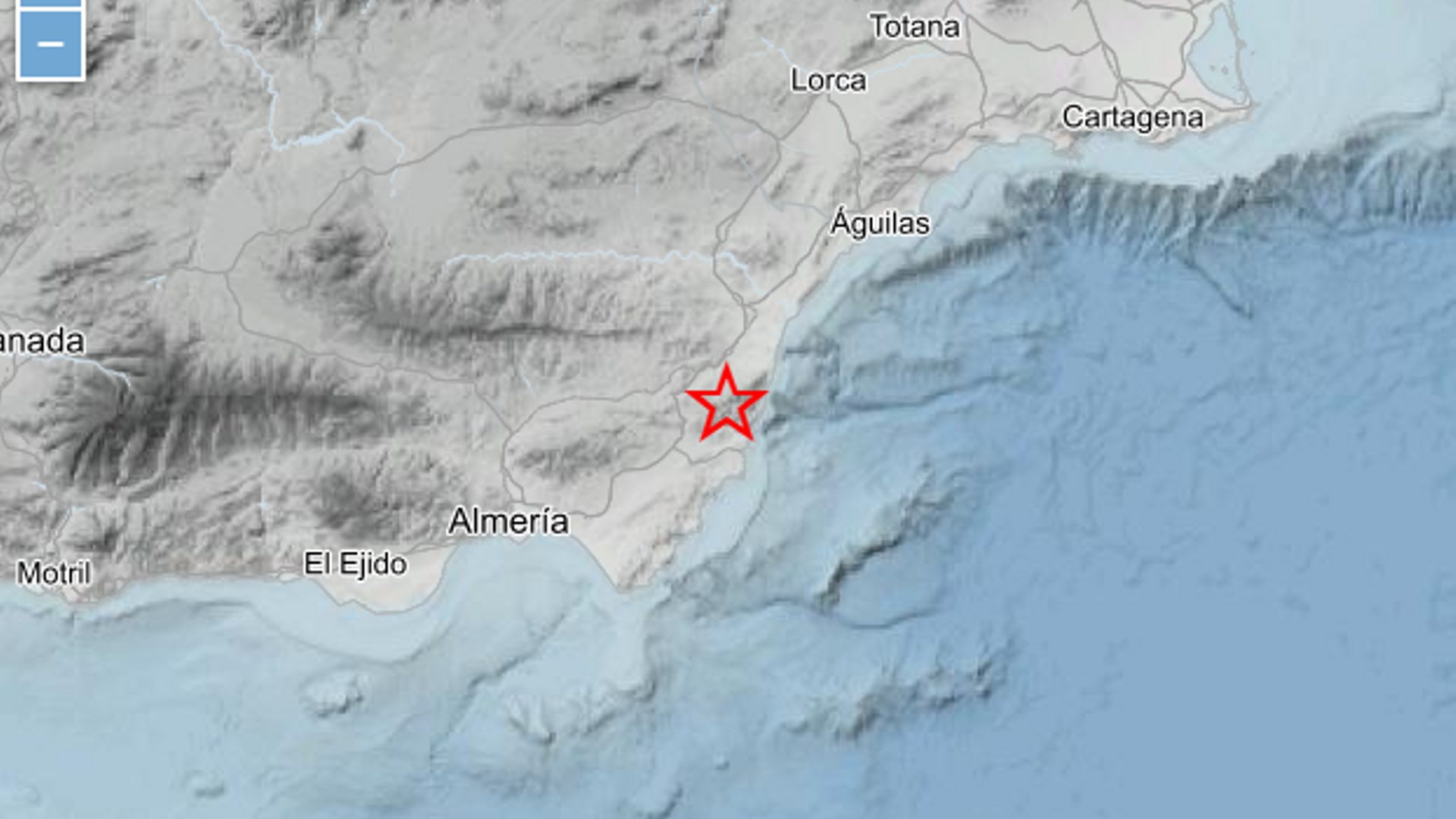 Mapa con el epicentro de uno de los últimos terremotos de la provincia de Almería marcado con una estrella roja