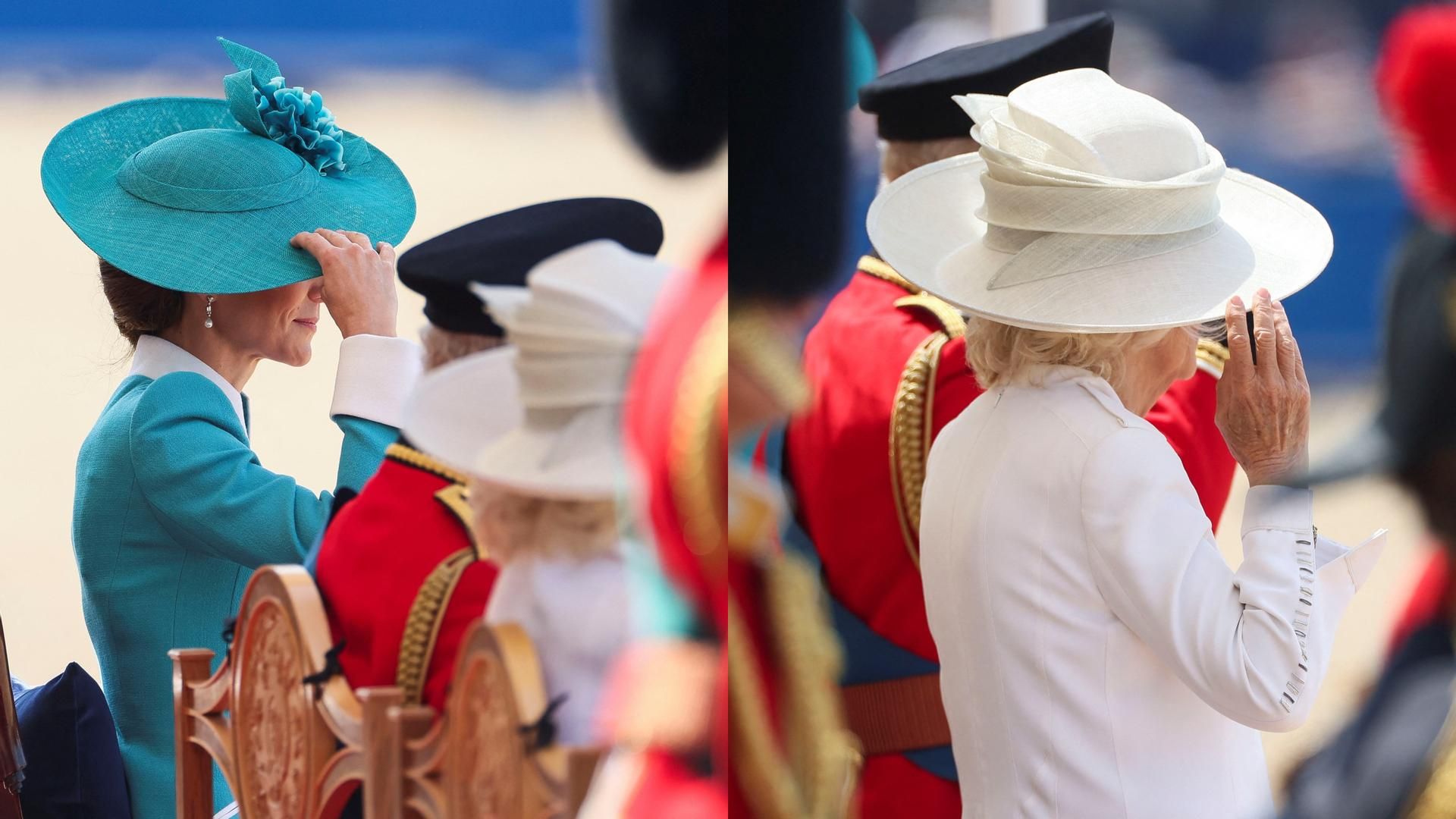 La princesa de Gales y la reina Camila, sujetando sus sombreros, en un montaje de fotos