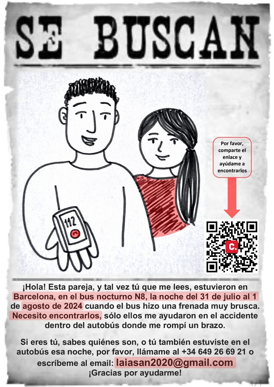 El cartel con el que Arantxa busca a la pareja que le ayudó tras romperse el brazo en un bus