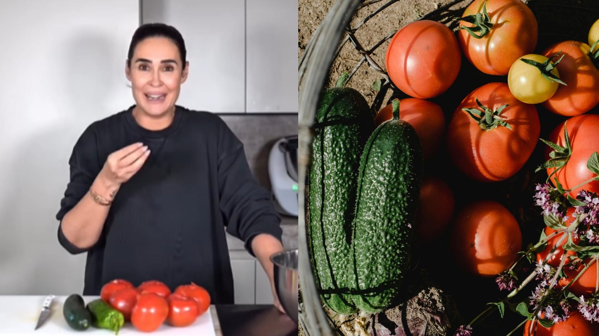 Vicky Martin Berrocal y los ingredientes para el gazpacho, en un montaje de fotos Vicky Martin Berrocal y los ingredientes para el gazpacho, en un montaje de fotos