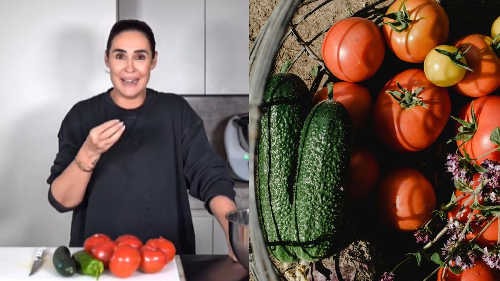 Vicky Martin Berrocal y los ingredientes para el gazpacho, en un montaje de fotos