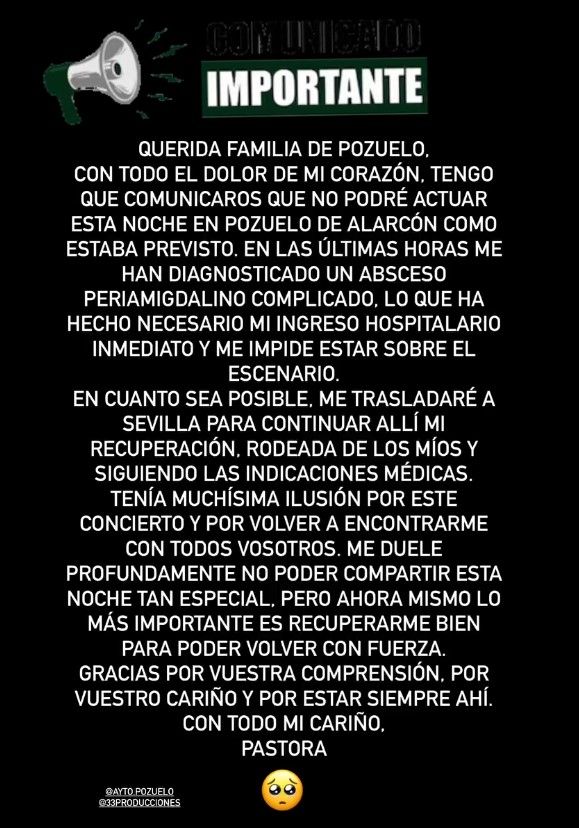 El comunicado de Pastora Soler sobre su salud