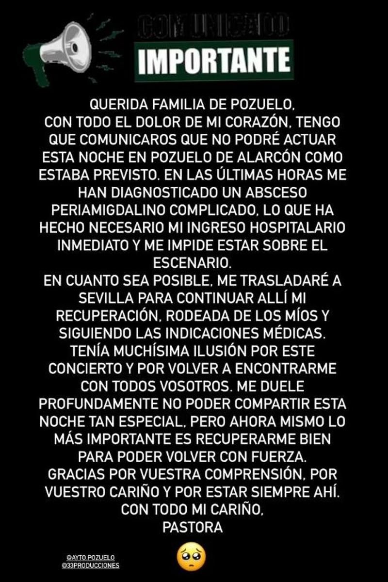 El comunicado de Pastora Soler sobre su salud
