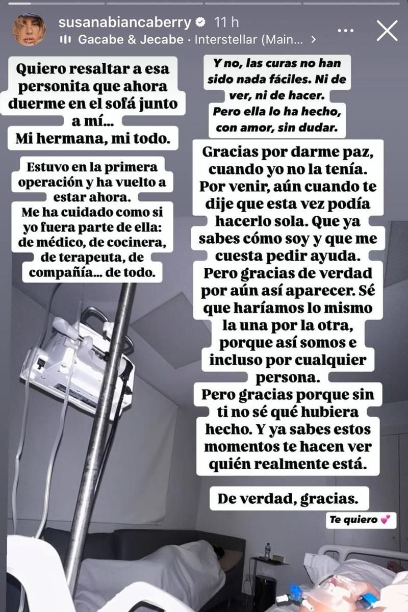 Susana Bianca agradece a su hermana sus cuidados durante su hospitalización