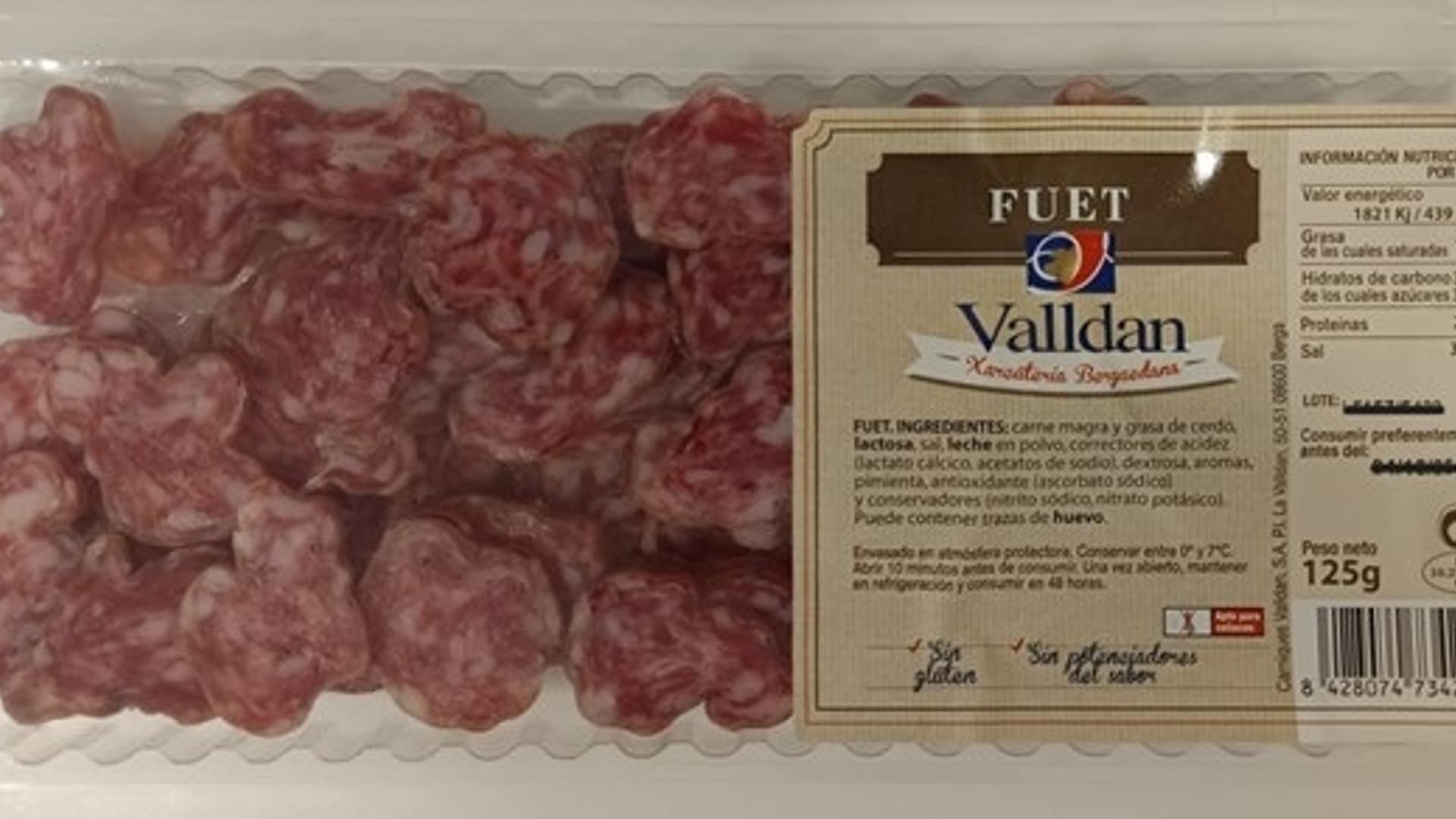 Fuet retirado por la AESAN de marca Valldan