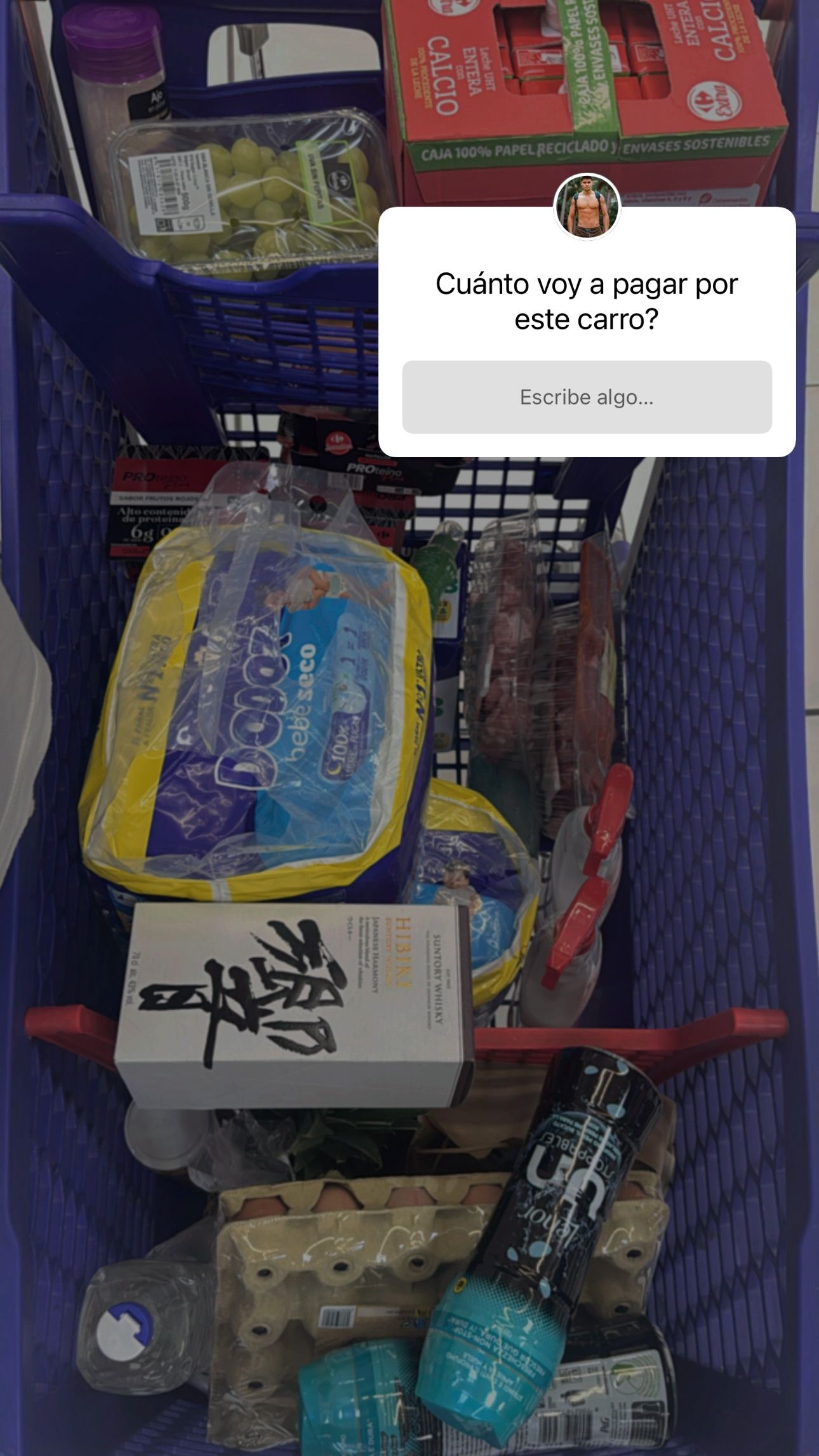 Javier Tudela muestra su cesta de la compra