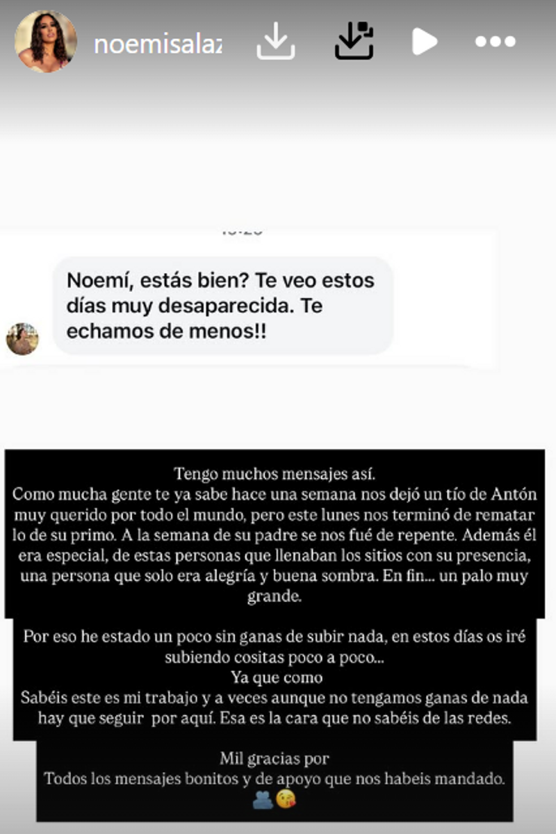 Noemí Salazar ha contado el motivo de su justificada ausencia en las redes
