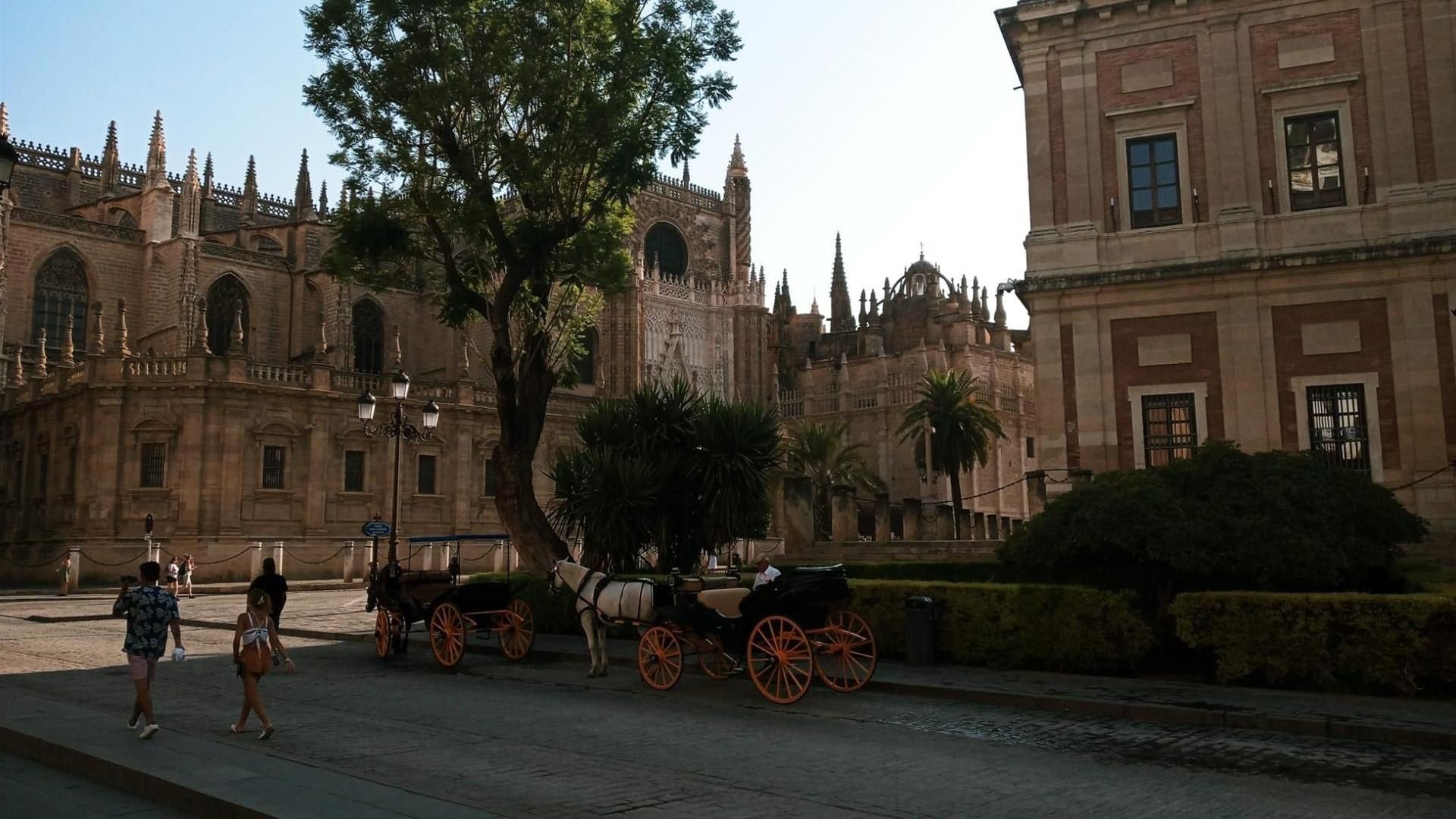 Parada de coches de caballos junto al Archivo de Indias