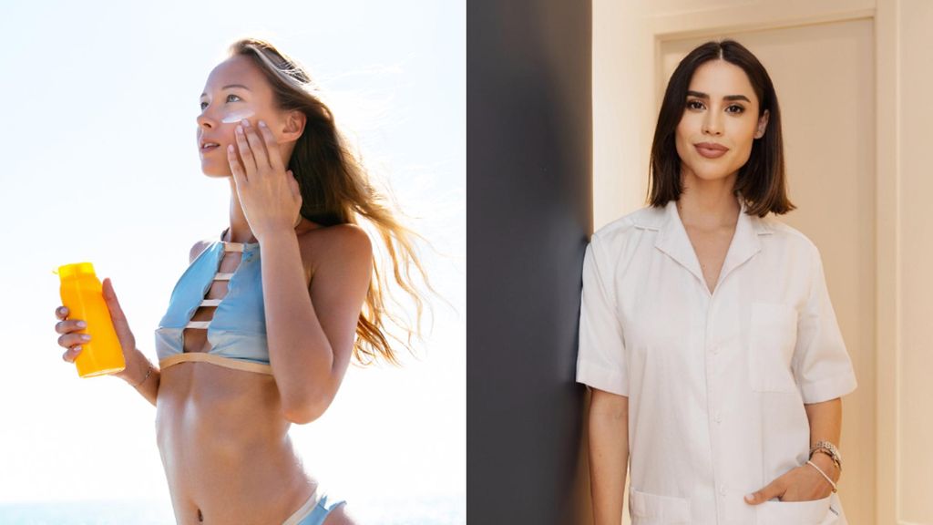 Una chica echándose crema solar y la doctora Rita Seco