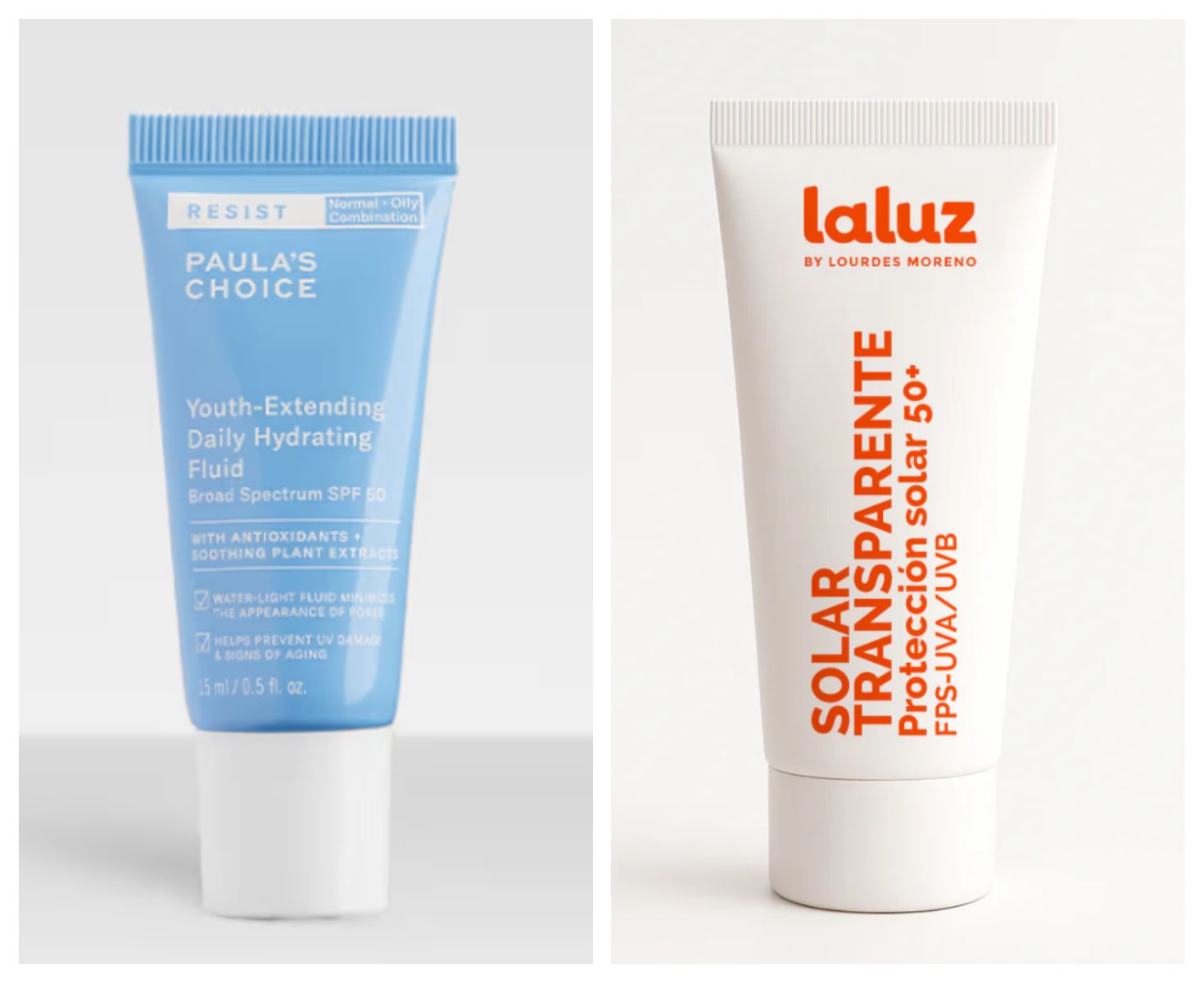 RESIST Hidratante Fluida Antienvejecimiento SPF 50, de Paulas Choice's y Solar Transparente SPF 50+ de Laluz by Lourdes Moreno.