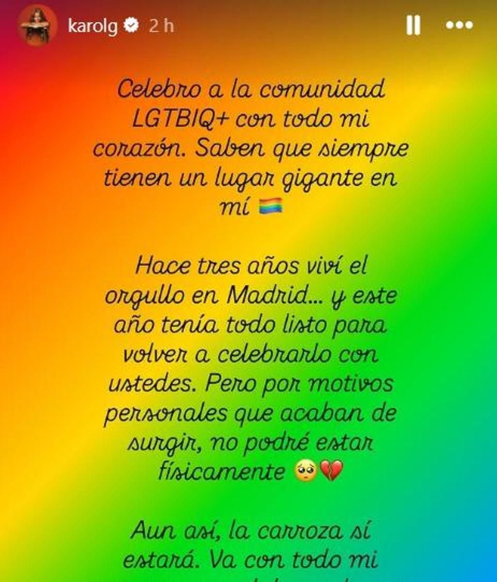 Karol G suspende su aparición en el Orgullo LGTBIQ+ de Madrid